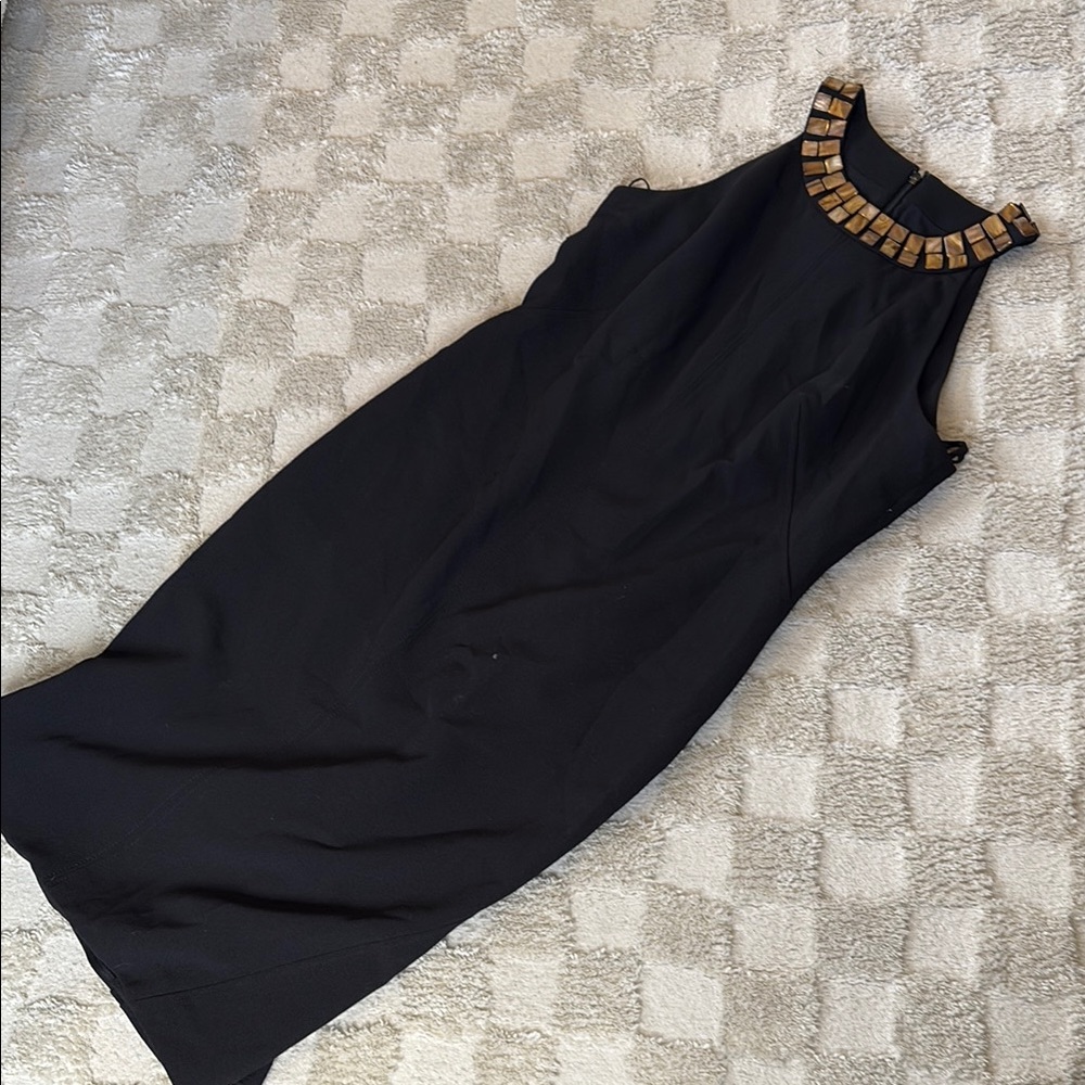 Elegant Black Sleeveless Dress with Gold Accents